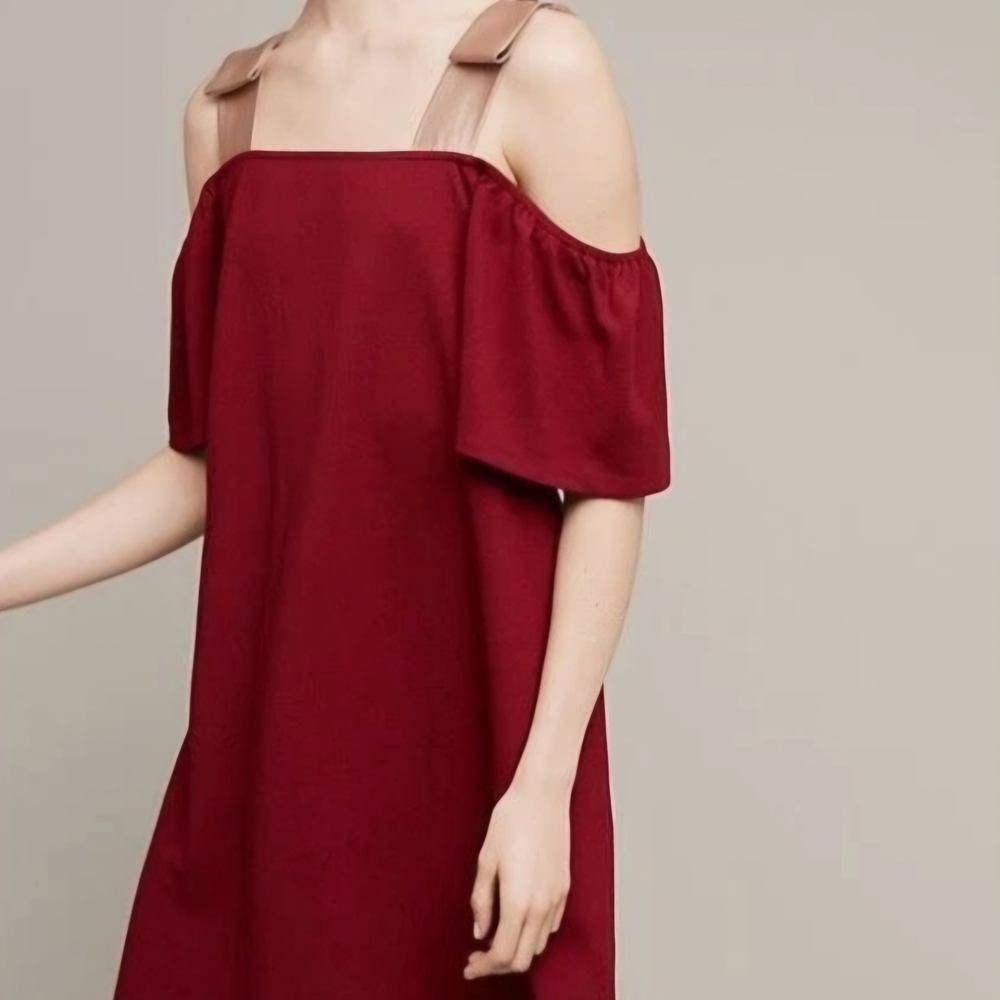 (Brand:Sunday in Brooklyn ) Maroon Cold Shoulder Dress with Neutral Straps